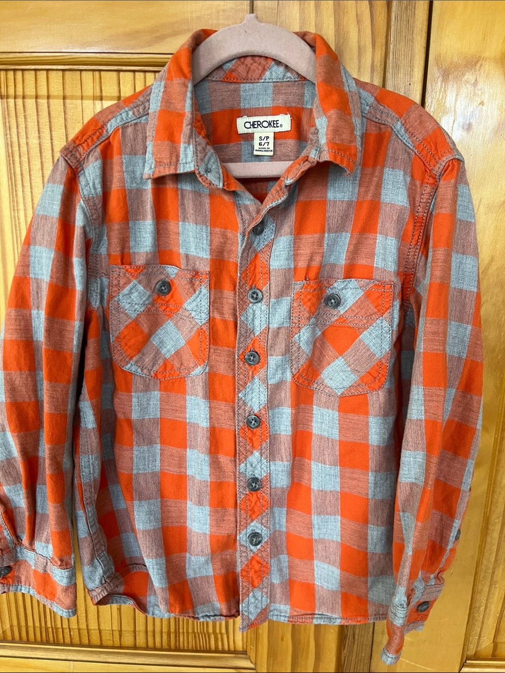 Cherokee Orange and Gray Plaid Button-Down Shirt